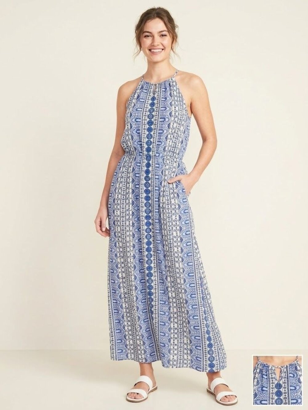 Japna Womens Blue White Floral Paisley Halter Maxi Dress Size L Boho Summer